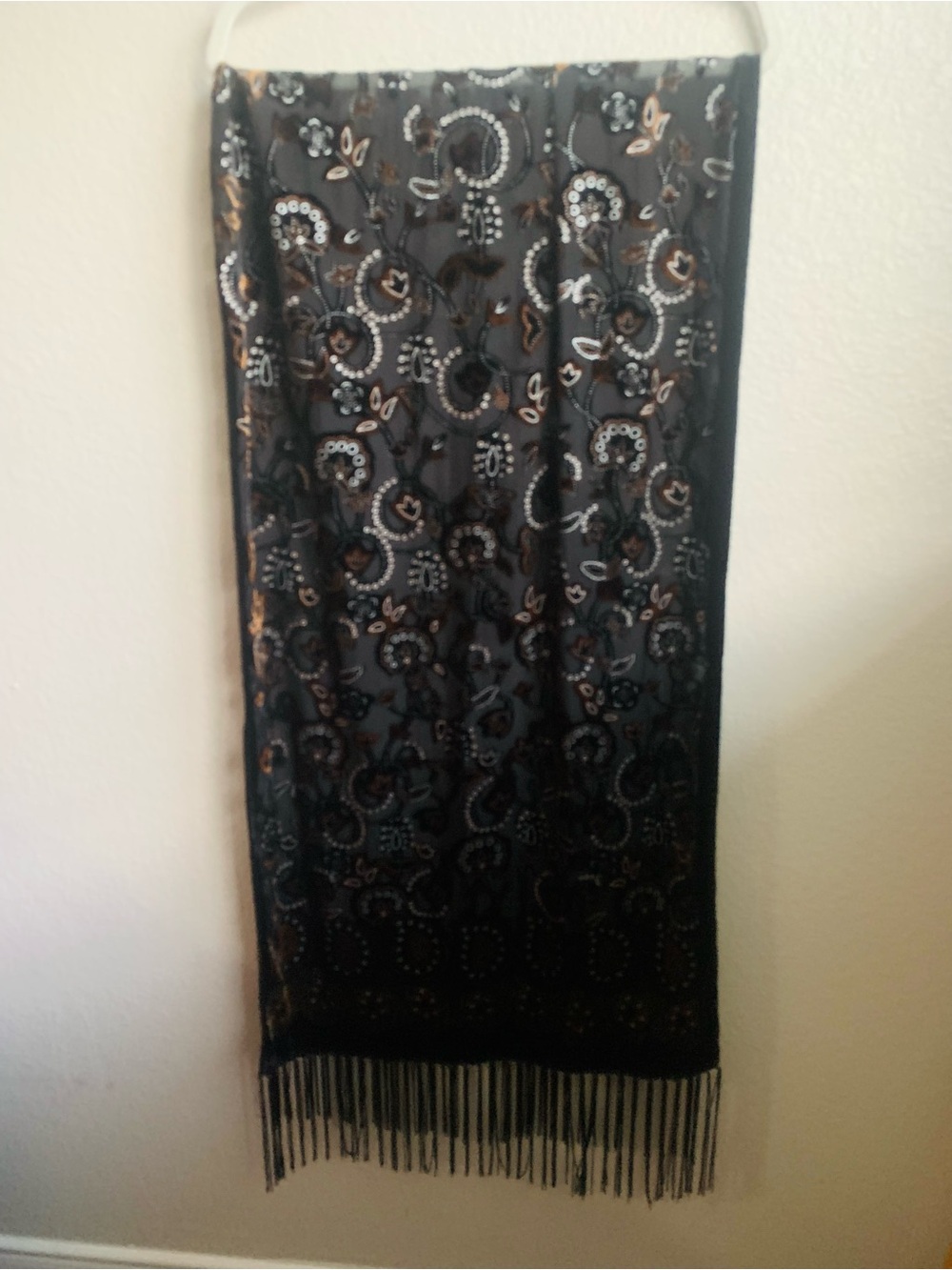 Velvet Burnout Paisley Shawl Black Gold Fringe Boho Evening Wrap 71 in Scarf - Picture 2 of 8